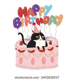 Happy birthday concept. Vector cute cat in birthday hat. Birthday cake with strawberry and candles, gift, inflatable colored balls. Hand drawn inscription