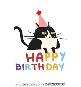 Happy birthday concept. Vector cute cat in birthday hat. Birthday cake with strawberry and candles, gift, inflatable colored balls. Hand drawn inscription