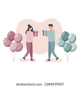 Happy Birthday concept. Young man and woman gives gift boxes for each other. Flying balloon. People celebrating valentines day 