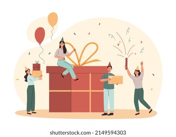 Happy Birthday concept. Young happy men and women congratulate friends and have fun on holiday. Characters give gifts, blow up firecrackers, smile and dance. Cartoon flat vector illustration