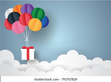 Happy Birthday concept.Balloon colorful floating and Gift Box on in the air blue sky background.Vector illustration.Paper and craft art