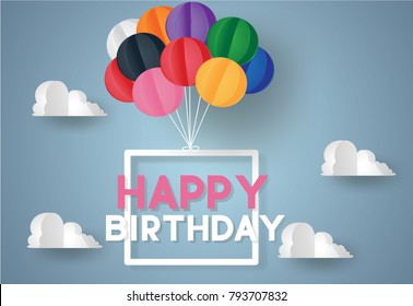 Happy Birthday concept.Signboard hang on sky with balloon colorful.Vector illustration.Paper and craft art