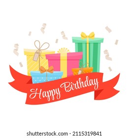 Happy Birthday congratulation banner. Gifts for birthday. Different types of boxes for birthday. Vector illustration. 