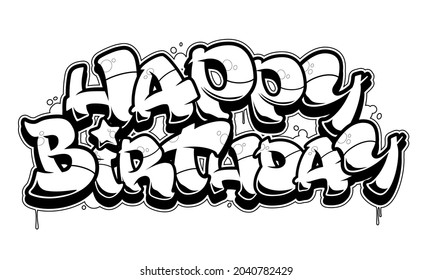 Happy birthday congratulation card. Readable graffiti style text. Black line isolated on white background.
