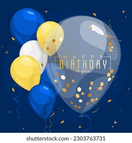 Happy Birthday congratulation design with blue and yellow balloons. Big glassy balloons with confetti inside