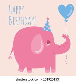 Happy birthday congratulation with elephant holding a balloon