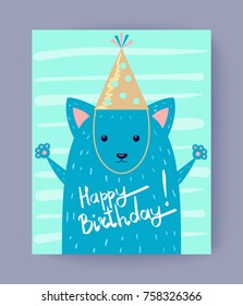 Happy Birthday congratulation on light postcard with blue cute fox in cap. Vector illustration with animal on light blue background