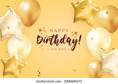 Happy Birthday congratulations banner design with Confetti, Balloons and Glossy Glitter Ribbon for Party Holiday Background. Vector Illustration EPS10