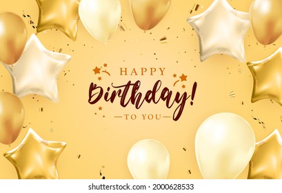 Happy Birthday congratulations banner design with Confetti, Balloons and Glossy Glitter Ribbon for Party Holiday Background. Vector Illustration EPS10