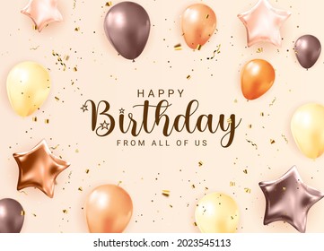 Happy Birthday congratulations banner design with Confetti, Balloons and Glossy Glitter Ribbon for Party Holiday Background. Vector Illustration EPS10