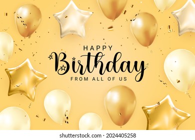 Happy Birthday congratulations banner design with Confetti, Balloons and Glossy Glitter Ribbon for Party Holiday Background. Vector Illustration EPS10