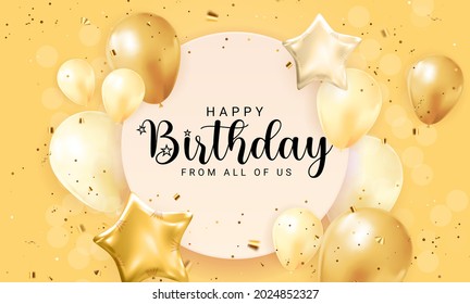 Happy Birthday congratulations banner design with Confetti, Balloons and Glossy Glitter Ribbon for Party Holiday Background. Vector Illustration EPS10