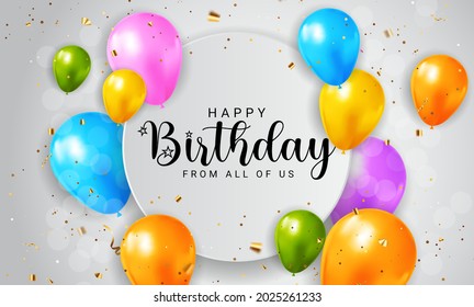 Happy Birthday congratulations banner design with Confetti, Balloons and Glossy Glitter Ribbon for Party Holiday Background. Vector Illustration EPS10