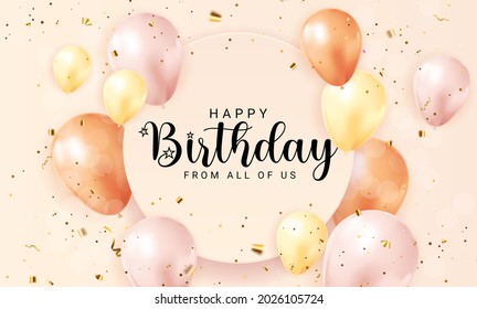 Happy Birthday congratulations banner design with Confetti, Balloons and Glossy Glitter Ribbon for Party Holiday Background. Vector Illustration EPS10
