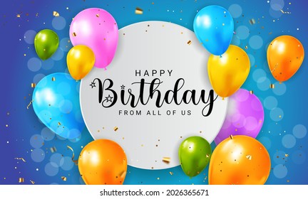 Happy Birthday congratulations banner design with Confetti, Balloons and Glossy Glitter Ribbon for Party Holiday Background. Vector Illustration EPS10