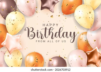 Happy Birthday congratulations banner design with Confetti, Balloons and Glossy Glitter Ribbon for Party Holiday Background. Vector Illustration EPS10