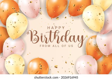 Happy Birthday congratulations banner design with Confetti, Balloons and Glossy Glitter Ribbon for Party Holiday Background. Vector Illustration EPS10