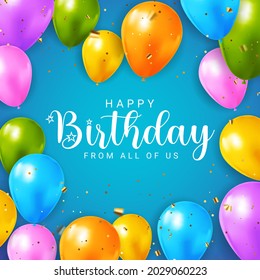 Happy Birthday congratulations banner design with Confetti, Balloons and Glossy Glitter Ribbon for Party Holiday Background. Vector Illustration EPS10