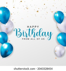 Happy Birthday congratulations banner design with Confetti, Balloons and Glossy Glitter Ribbon for Party Holiday Background. Vector Illustration EPS10