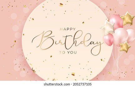 Happy Birthday congratulations banner design with Confetti, Balloons and Glossy Glitter Ribbon for Party Holiday Background. Vector Illustration EPS10