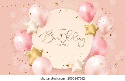 Happy Birthday congratulations banner design with Confetti, Balloons and Glossy Glitter Ribbon for Party Holiday Background. Vector Illustration EPS10