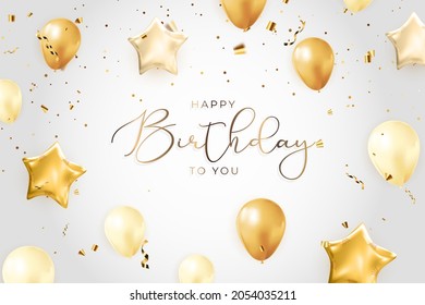 Happy Birthday congratulations banner design with Confetti, Balloons and Glossy Glitter Ribbon for Party Holiday Background. Vector Illustration EPS10