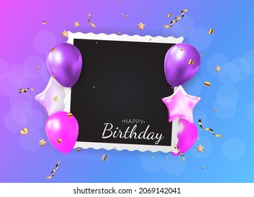 Happy Birthday congratulations banner design with Confetti, Balloons and Glossy Glitter Ribbon for Party Holiday Background. Vector Illustration EPS10