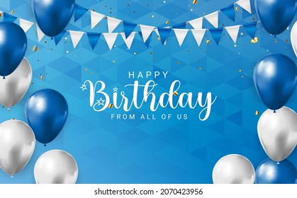 Happy Birthday congratulations banner design with Confetti, Balloons and Glossy Glitter Ribbon for Party Holiday Background. Vector Illustration EPS10