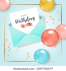 Happy Birthday congratulations banner design with Confetti, Balloons for Party Holiday Background. Birthday wishes envelope. 