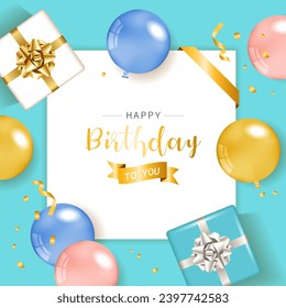 Happy Birthday congratulations banner design with Confetti, Balloons for Party Holiday Blue Background. Gift and Note Paper.