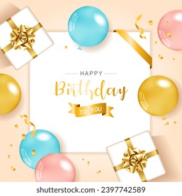 Happy Birthday congratulations banner design with Confetti, Balloons for Party Holiday Background. Gift and Note Paper.