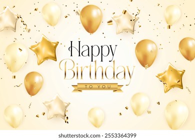 Happy Birthday congratulations banner design with Confetti, Balloons and Glossy Glitter Ribbon for Party Holiday Background. Vector Illustration EPS10