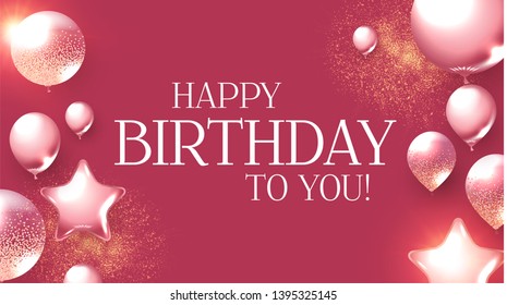 Happy Birthday Congratulations Card Template with Realistic 3D Foil Balloons.