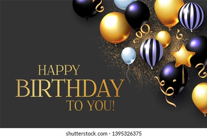 Happy Birthday Congratulations Card Template with Realistic 3D Foil Balloons.