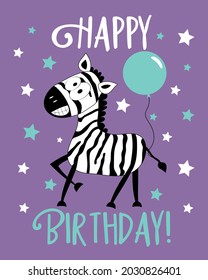 Happy Birthday - Congratulations cards with cute zebra, on purple background.