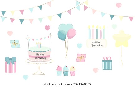 Happy Birthday. Congratulations On The Holiday Cake, Candles, Balloons, Garlands Of Flags.Design For Decorating A Greeting Card. Icon Set. Bad Colors. Vector Illustration.