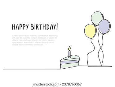 Happy birthday continuous line drawing. One cake and balloons. Celebration banner. Vector illustration isolated on white background. Minimalist design handdrawn.