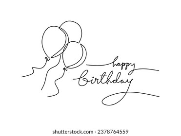 Happy birthday continuous line drawing. One cake and balloons. Celebration banner. Vector illustration isolated on white background. Minimalist design handdrawn.