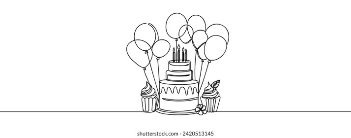 Happy Birthday continuous one line drawing of birthday balloon and birthday cake.