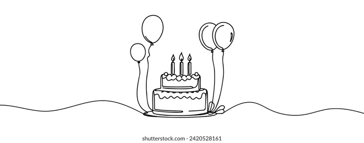 Happy Birthday continuous one line drawing of birthday balloon and birthday cake