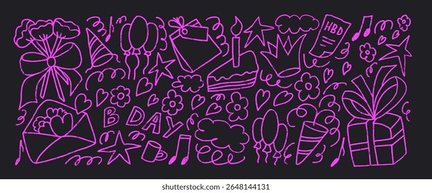 Happy birthday coquette party neon marker drawn set. Celebration Bday doodle strokes sings on dark background. Gift, confetti and cakes with balloons for festive. Vector scribbles elements by pencil.