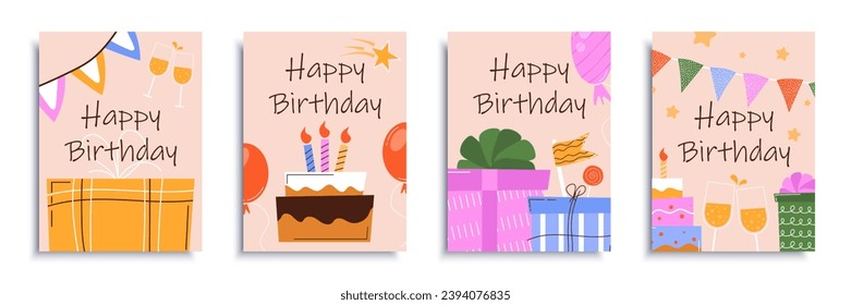 Happy birthday cover brochure set in flat design. Poster templates with surprise party decor and celebration symbols, gifts, flag garlands, cake with candles, glasses champagne. Vector illustration.
