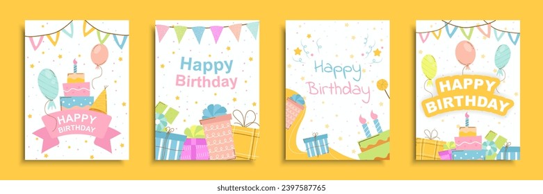 Happy birthday cover brochure set in flat design. Poster templates with colorful flag garlands, cake with candles, balloons and confetti, gift boxes with bows for surprise party. Vector illustration.