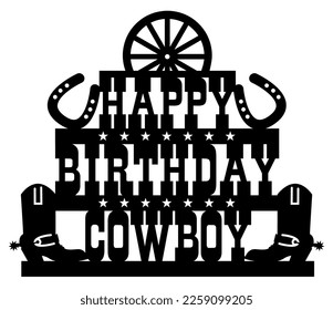 Happy birthday cowboy party vector illustration. Vector cowboy party text with cowboy boots and horseshoes. Happy birthday cake topper for cake.