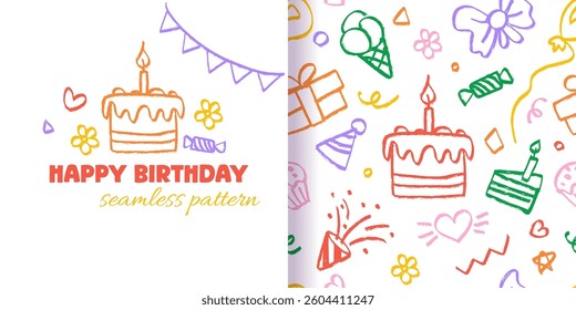 Happy Birthday Crayon seamless pattern with doodle icons, greeting elements on white background. Hand drawn cartoon celebration pattern with cake, gift, flower for wrapping paper. Vector Illustration