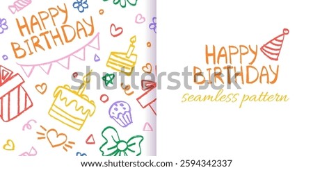 Happy Birthday Crayon seamless pattern with doodle icons, greeting elements on white background. Hand drawn cartoon celebration pattern with cake, gift, flower for wrapping paper. Vector Illustration