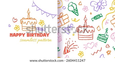 Happy Birthday Crayon seamless pattern with doodle icons, greeting elements on white background. Hand drawn cartoon celebration pattern with cake, gift, flower for wrapping paper. Vector Illustration