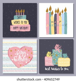 Happy birthday creative cards collection. Hand drawn design with cake, heart, gifts and candles.