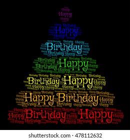 Happy birthday creative word pyramid on black background. Vector illustration.