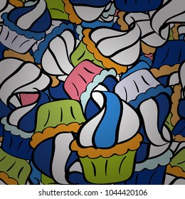 Happy birthday cupcake background in white, blue and black. Cupcake pattern background. Vector illustration. Seamless.Cupcake vector pattern. Muffin.